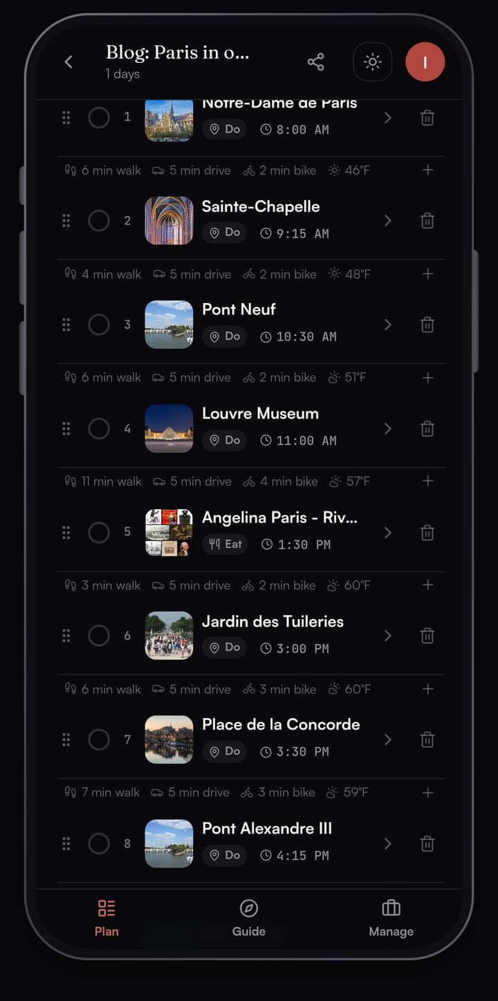 Passage AI day list for Paris: Notre-Dame de Paris at 8:00 AM, Sainte-Chapelle at 9:15, Pont Neuf at 10:30, Louvre Museum at 11:00, Angelina at 1:30 PM, Jardin des Tuileries at 3:00, Place de la Concorde at 3:30 and Pont Alexandre III at 4:15, with walk times between them