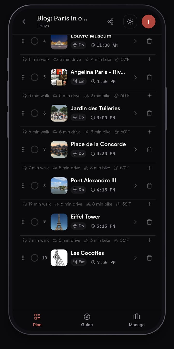 Passage AI day list for the afternoon: Louvre Museum, Angelina, Jardin des Tuileries, Place de la Concorde, Pont Alexandre III at 4:15 PM, Eiffel Tower at 5:15 PM and Les Cocottes at 7:30 PM, with a 19 minute walk to the tower