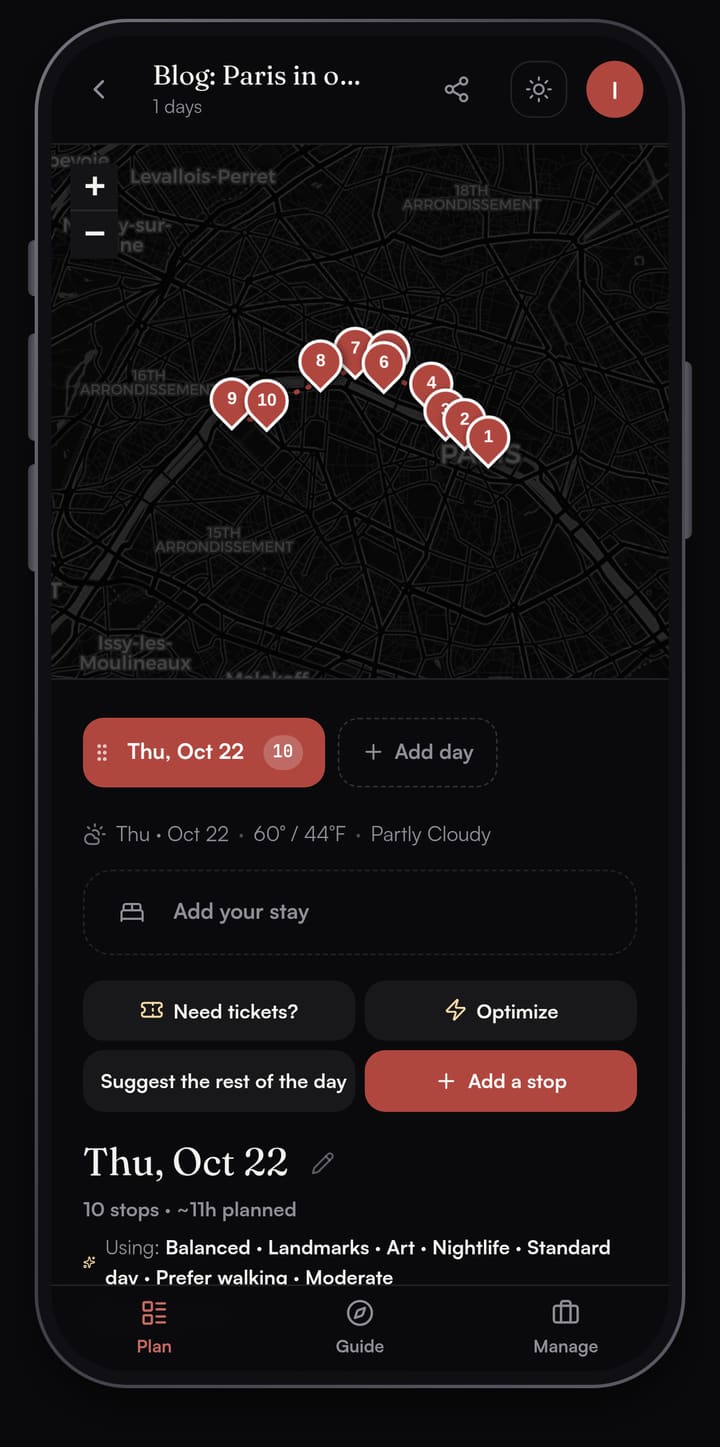 Passage AI map of a one-day Paris plan with ten numbered pins along the Seine, from Notre-Dame in the east to the Eiffel Tower in the west