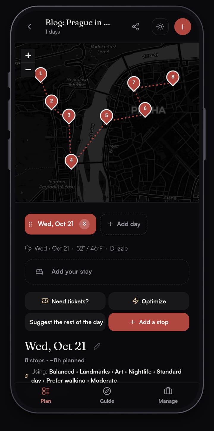 Passage AI map of a one-day Prague plan with eight numbered pins, from Prague Castle on the left bank across the Vltava to the Old Town and Josefov