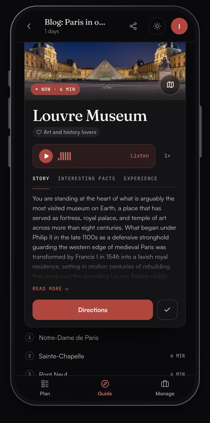 Passage AI Guide card for the Louvre Museum in Paris: a photo of the glass pyramid, a Listen button, Story, Interesting Facts and Experience tabs, the start of the story, and a Directions button