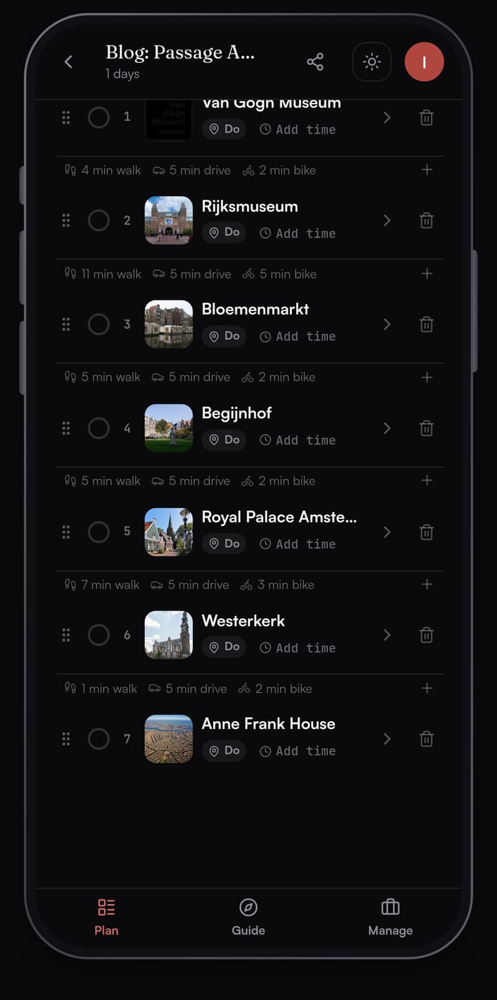 Passage AI day list for Amsterdam: Van Gogh Museum, Rijksmuseum, Bloemenmarkt, Begijnhof, Royal Palace Amsterdam, Westerkerk and Anne Frank House, with walk, drive and bike minutes between each
