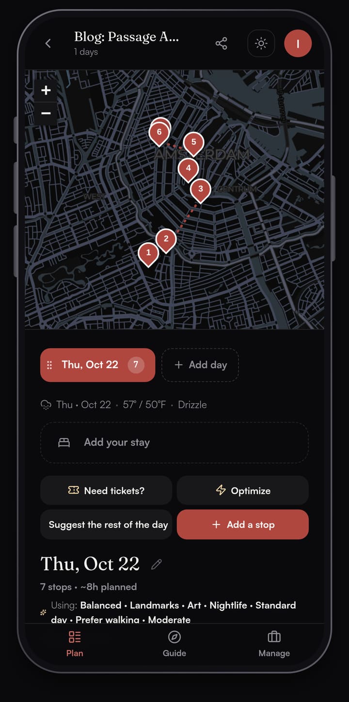 Passage AI Plan tab for a one-day Amsterdam trip on Thursday, October 22, with seven numbered stops on a dark city map and Need tickets? and Optimize buttons below