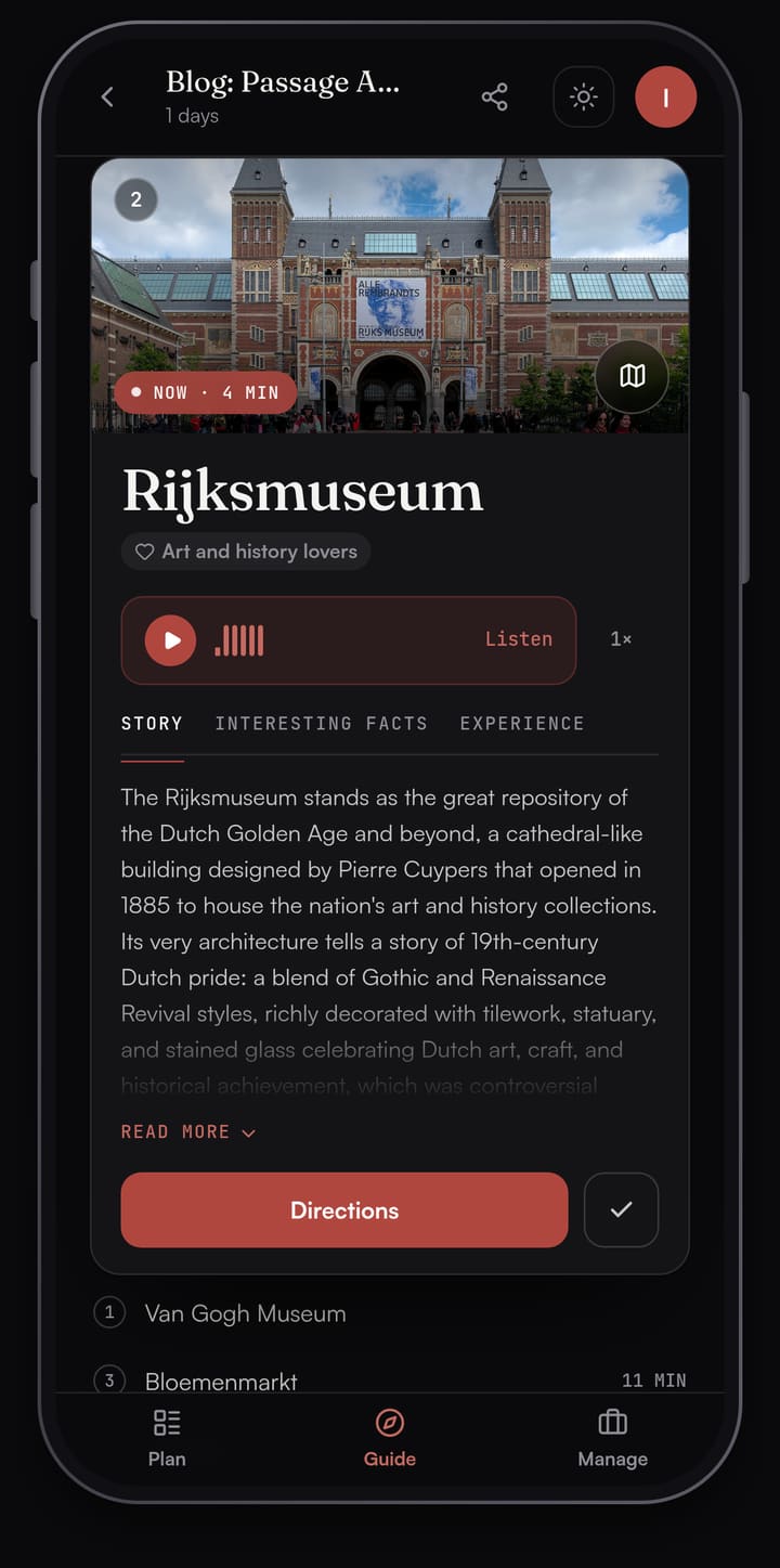 Passage AI Guide card for the Rijksmuseum with a photo of the building, a Listen button and the Story tab open with text about the museum