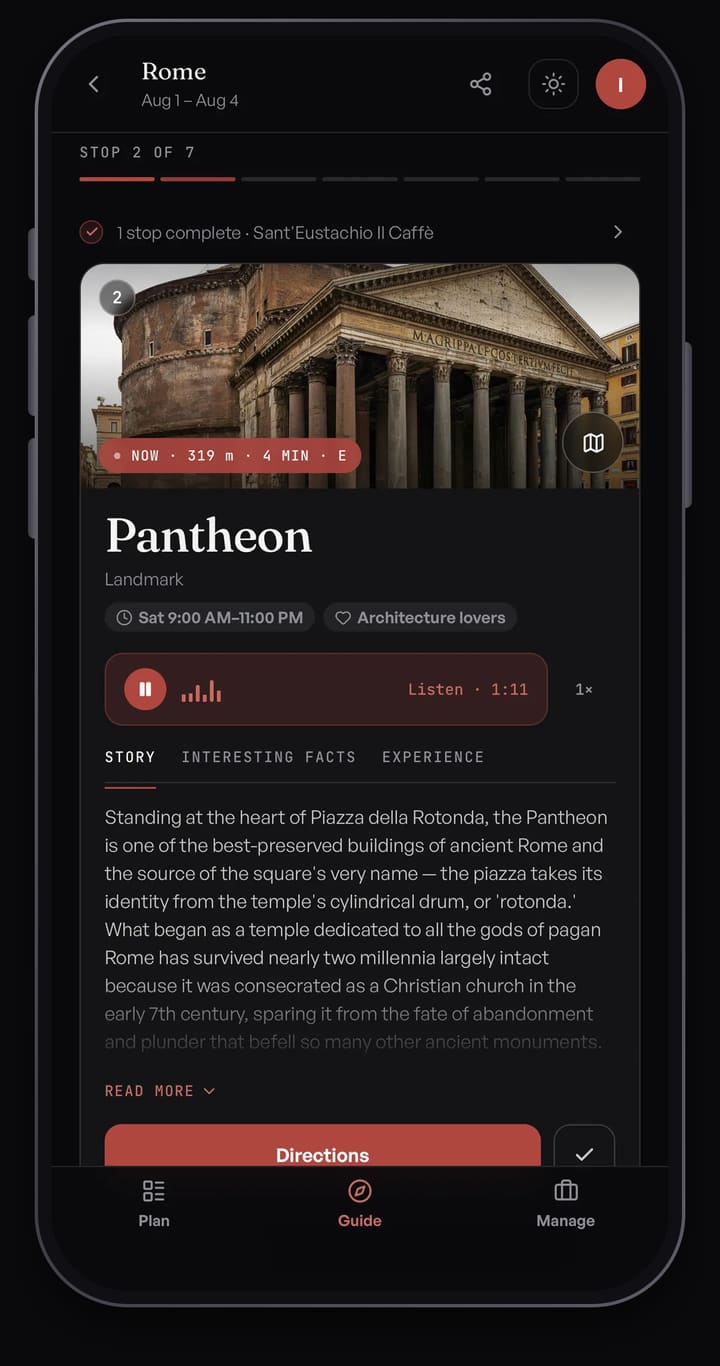 Passage AI guide card for the Pantheon in Rome, with a Listen audio bar and Story, Interesting Facts and Experience tabs above the narrated story