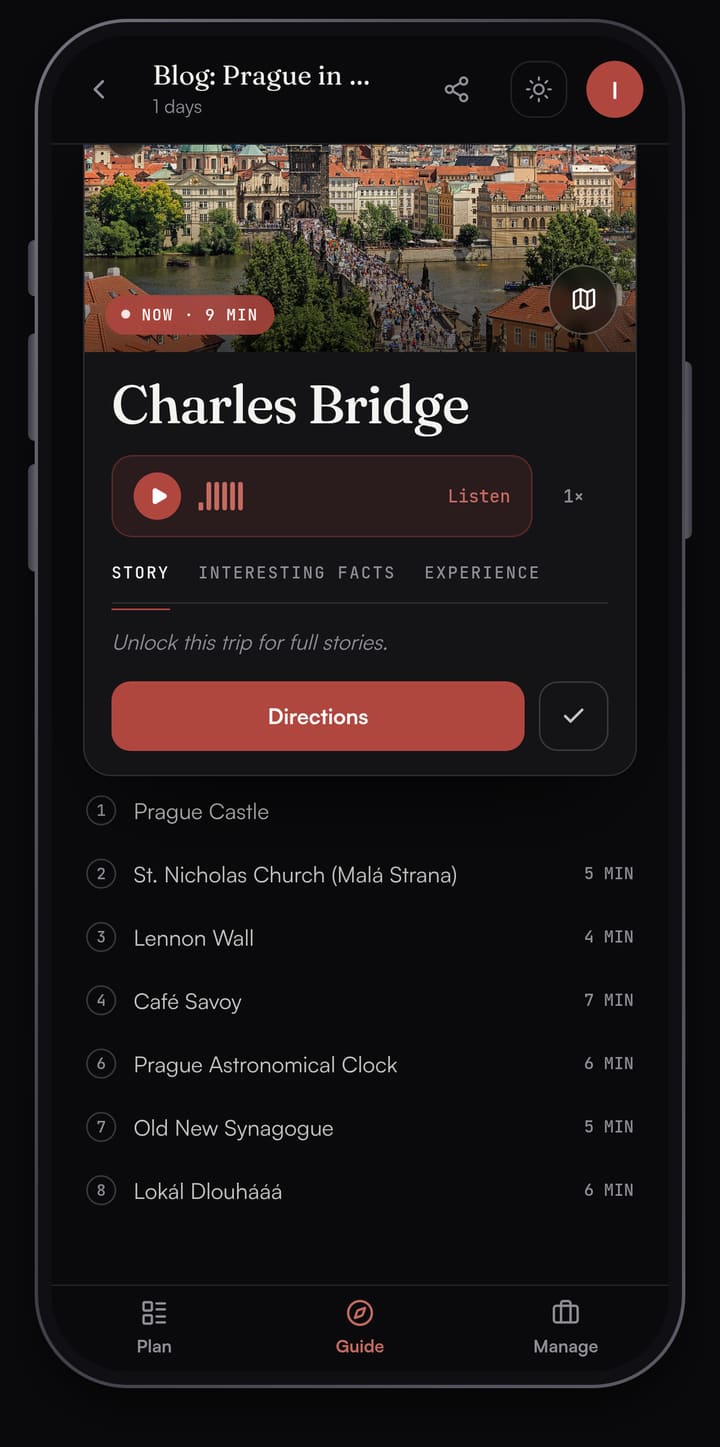 Passage AI Guide card for Charles Bridge with a photo of the bridge and Malá Strana, a Listen button, Story, Interesting facts and Experience tabs, a Directions button and the day's other stops below