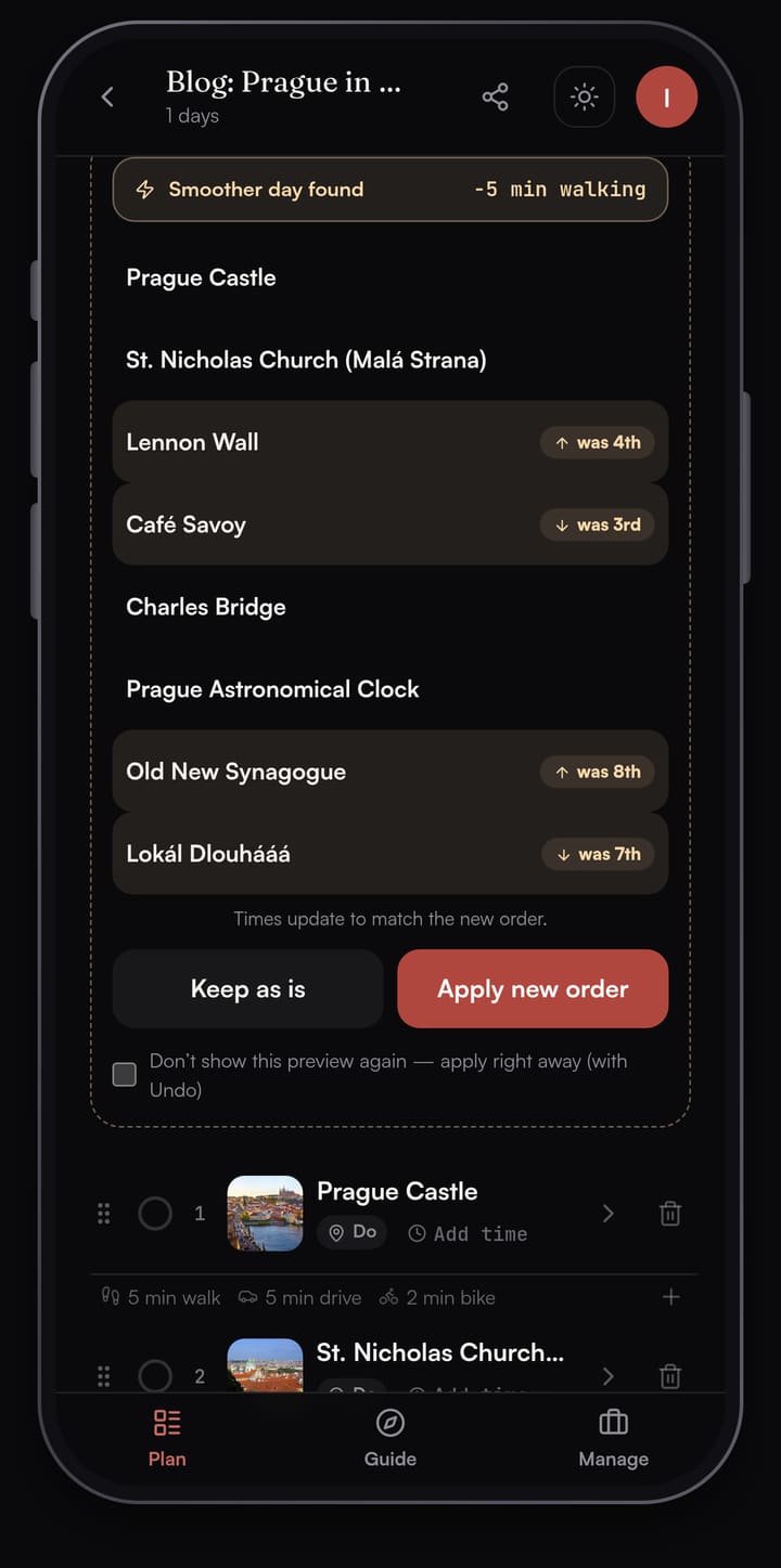 Passage AI Optimize preview reading Smoother day found, minus 5 min walking, listing eight Prague stops with was 4th, was 3rd, was 8th and was 7th badges and buttons for Keep as is and Apply new order