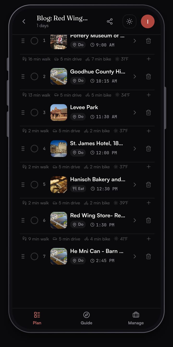 Passage AI plan list for Red Wing showing the Pottery Museum, Goodhue County Historical Society, Levee Park, St. James Hotel, Hanisch Bakery, the Red Wing store and He Mni Can Barn Bluff with times and walk minutes