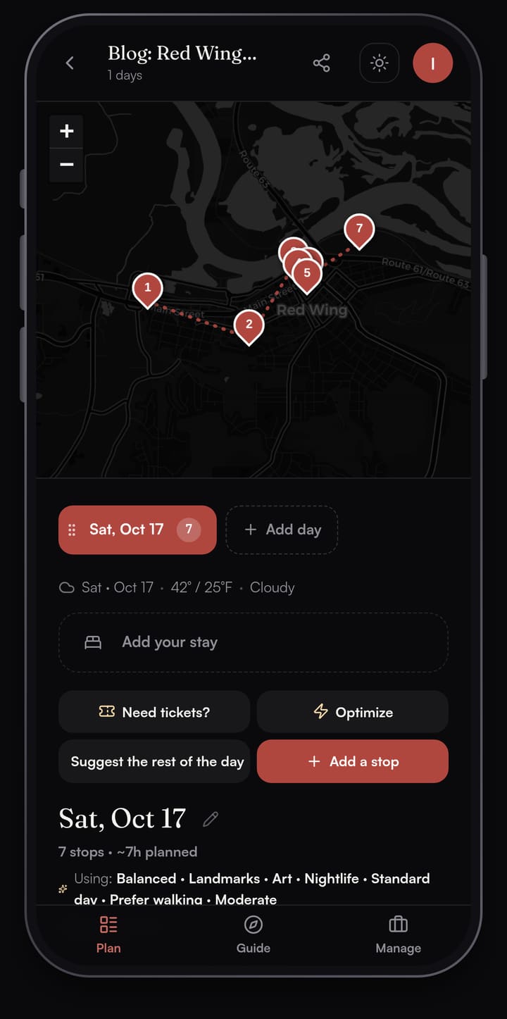 Passage AI day map of Red Wing, Minnesota with seven numbered stops along the Mississippi River, from the West End to Barn Bluff, and the Need tickets? and Optimize buttons below