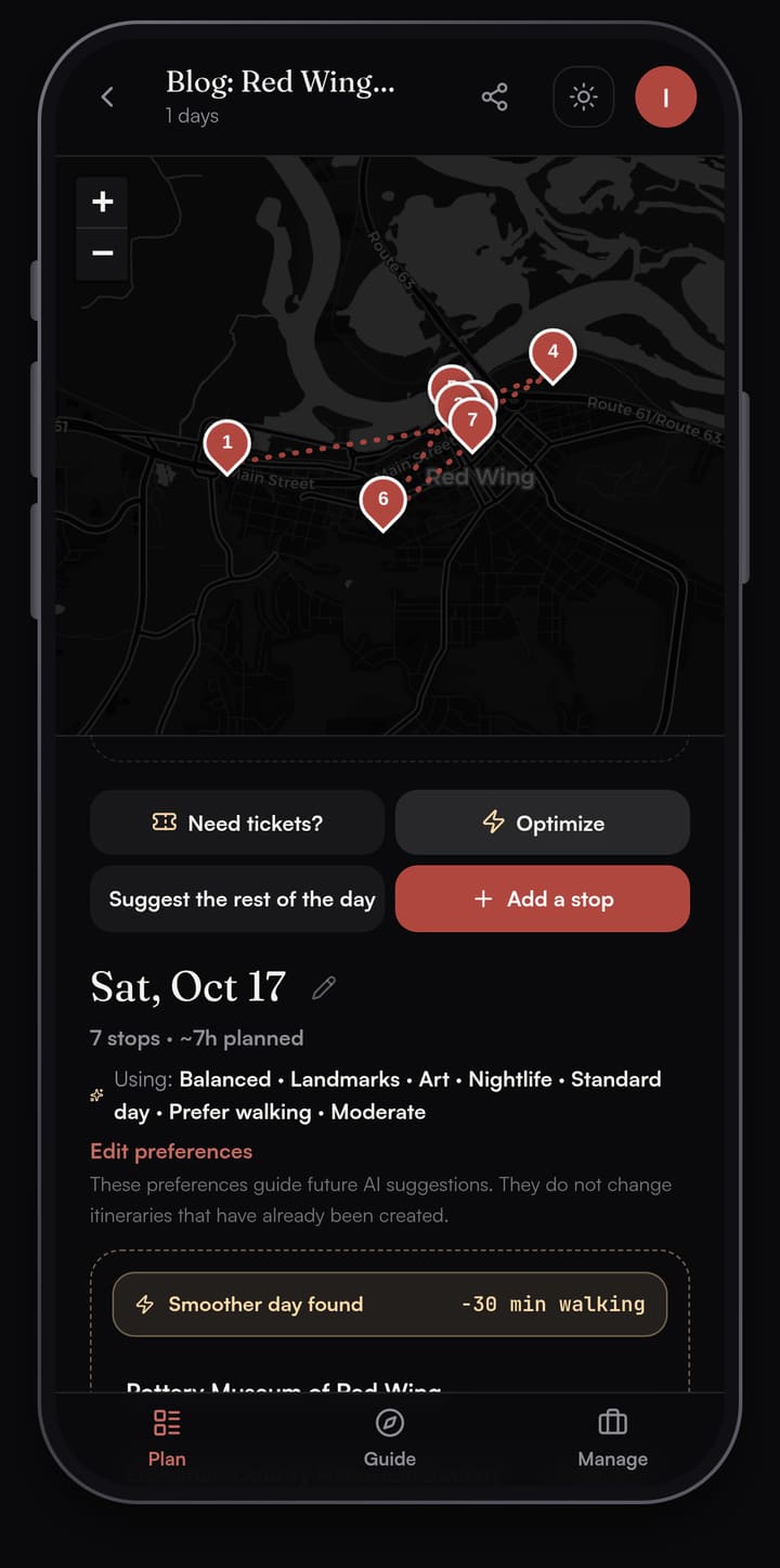 Passage AI Optimize preview banner reading Smoother day found, minus 30 minutes walking, under the Red Wing day map