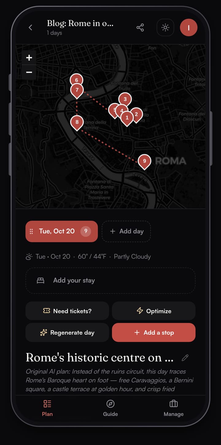 Passage AI Plan tab for a one-day Rome trip: a dark map with nine numbered stops inside the bend of the Tiber, joined by dotted route lines, above the Need tickets, Optimize, Regenerate day and Add a stop buttons
