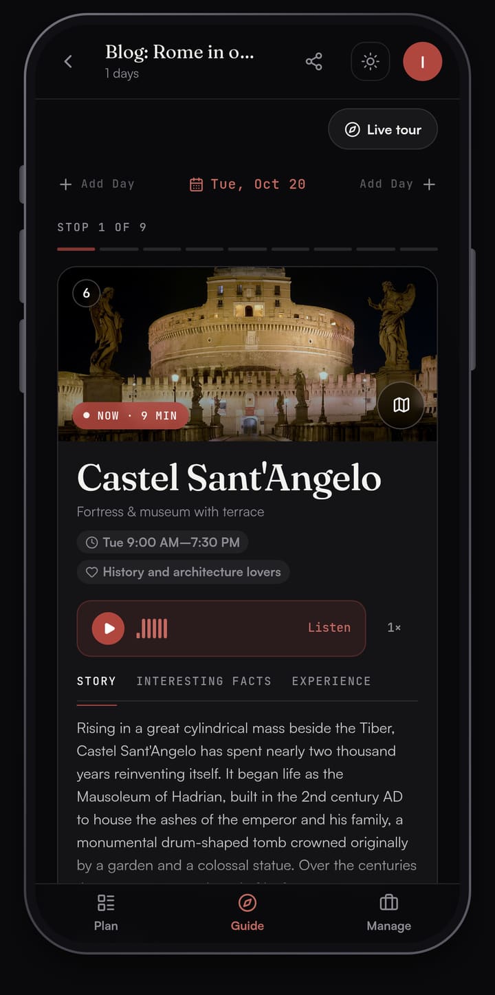 Passage AI Guide card for Castel Sant'Angelo in Rome, with opening hours, a Listen button for audio and a Story tab