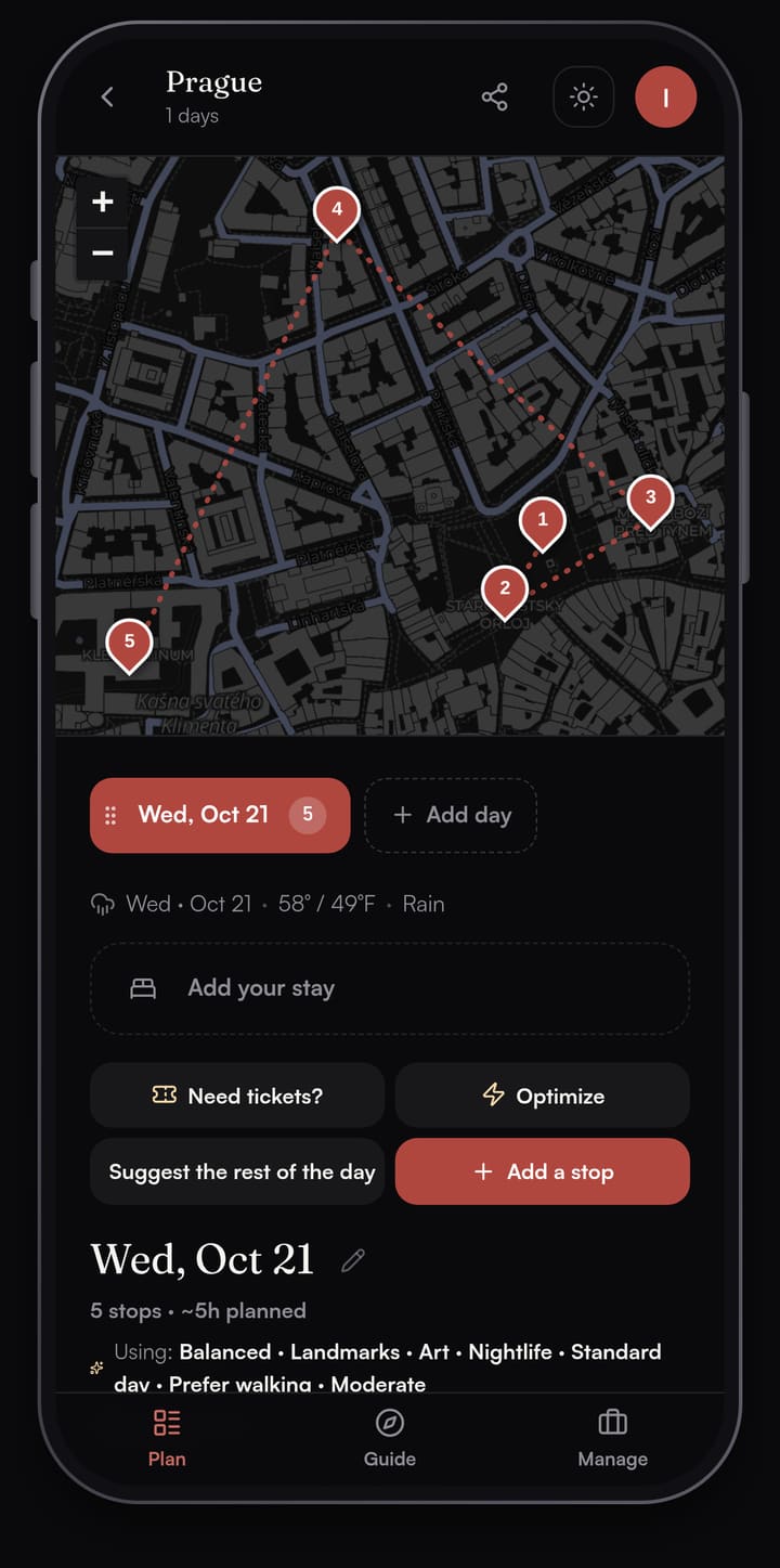 Passage AI day map of Prague's Old Town with five numbered stops from Old Town Square to the Clementinum