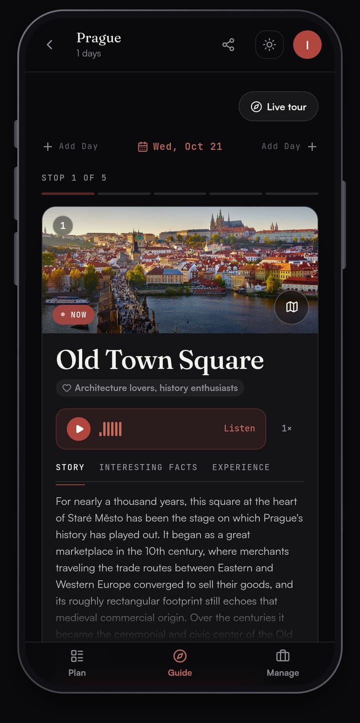 Passage AI Guide card for Old Town Square with a Listen button and the Story tab open