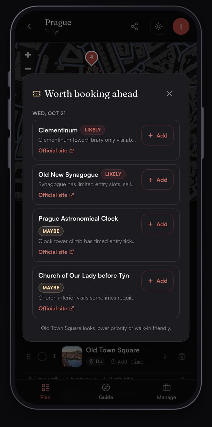 Passage AI Worth booking ahead sheet flagging the Clementinum and Old New Synagogue as likely and the Astronomical Clock and Týn Church as maybe