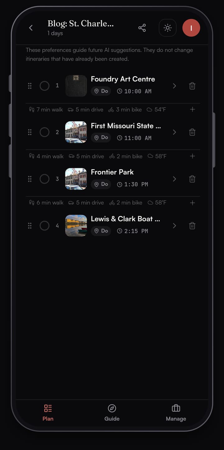Passage AI plan list for one day in St. Charles: Foundry Art Centre at 10:00 AM, First Missouri State Capitol State Historic Site at 11:00 AM, Frontier Park at 1:30 PM and Lewis & Clark Boat House and Museum at 2:15 PM, with 7, 4 and 6 minute walks between them
