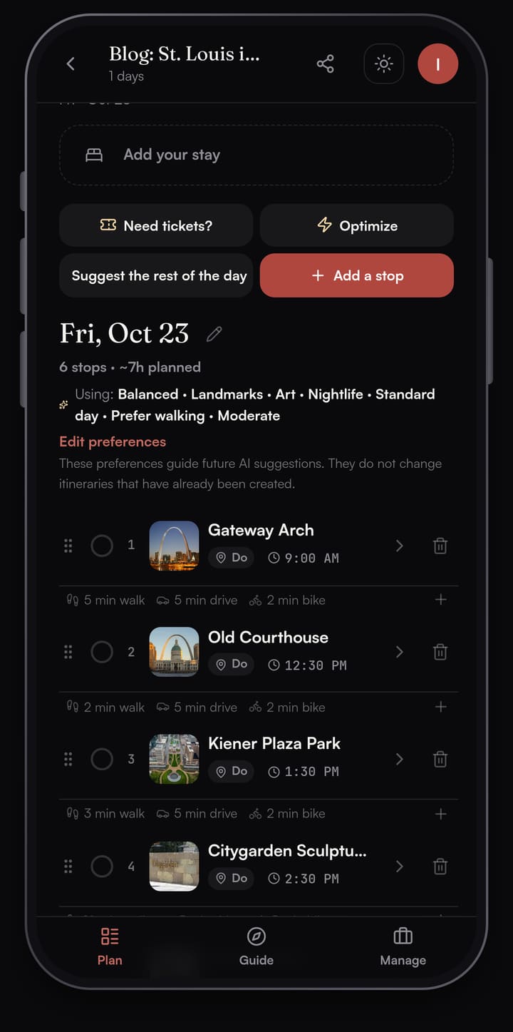 Passage AI Plan list for Friday 23 October: Gateway Arch at 9:00 AM, Old Courthouse at 12:30 PM, Kiener Plaza Park at 1:30 PM and Citygarden at 2:30 PM, with 5, 2 and 3 minute walks between them