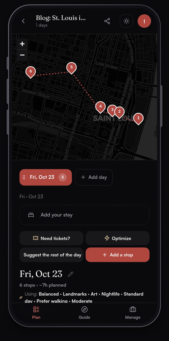 Passage AI Plan screen for a one-day St. Louis trip: a dark map of downtown with six numbered pins, four clustered by the Gateway Arch and two further west, above the Need tickets? and Optimize buttons
