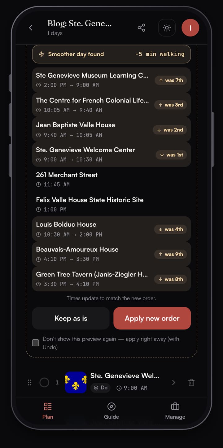 Passage AI Optimize preview reading Smoother day found, minus 5 minutes walking, moving the museum to 9:00 AM and the Welcome Center to 10:30 AM, with Keep as is and Apply new order buttons