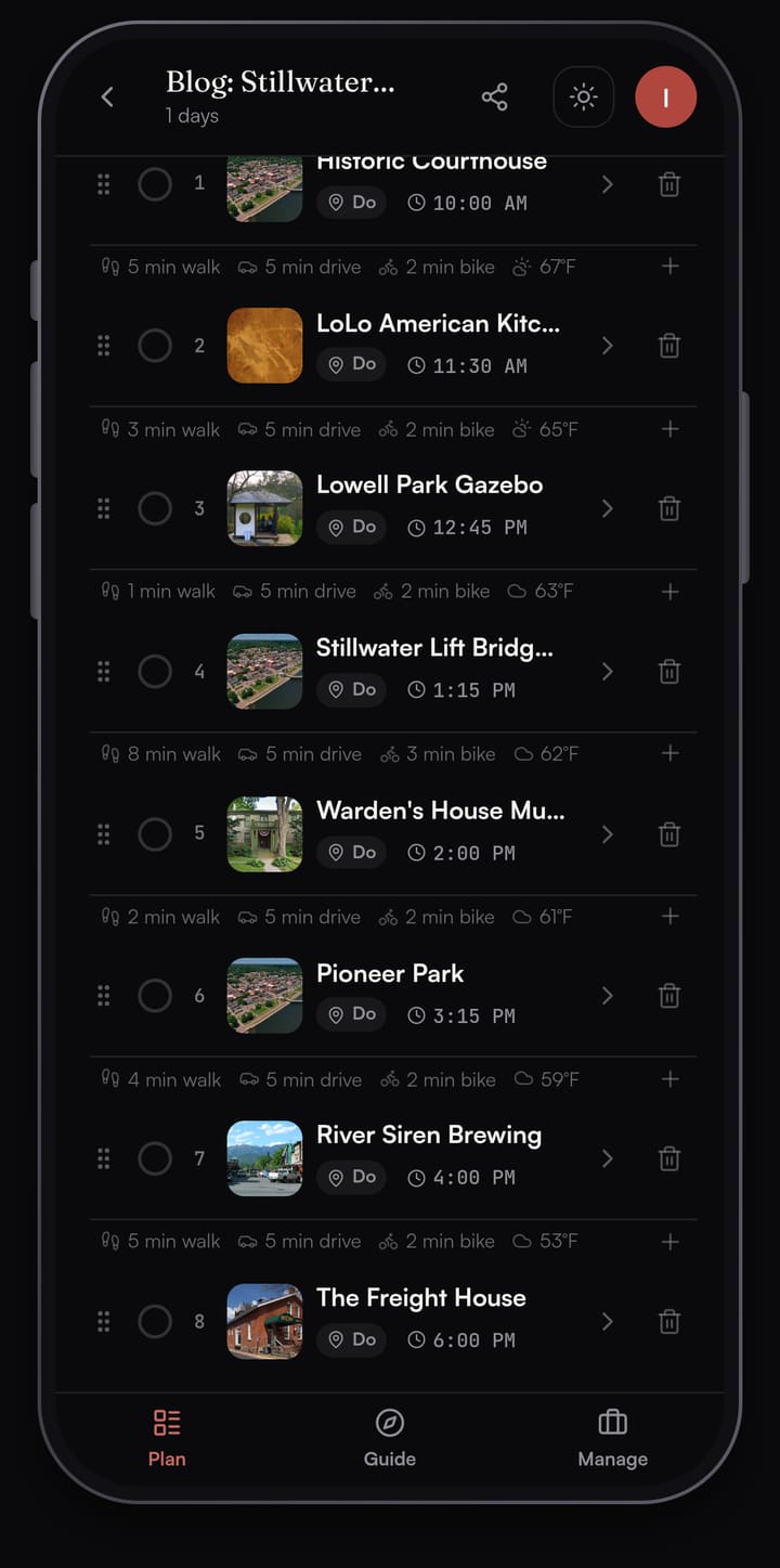 Passage AI Plan list for the Stillwater day, showing stops with set times and the walking minutes between them