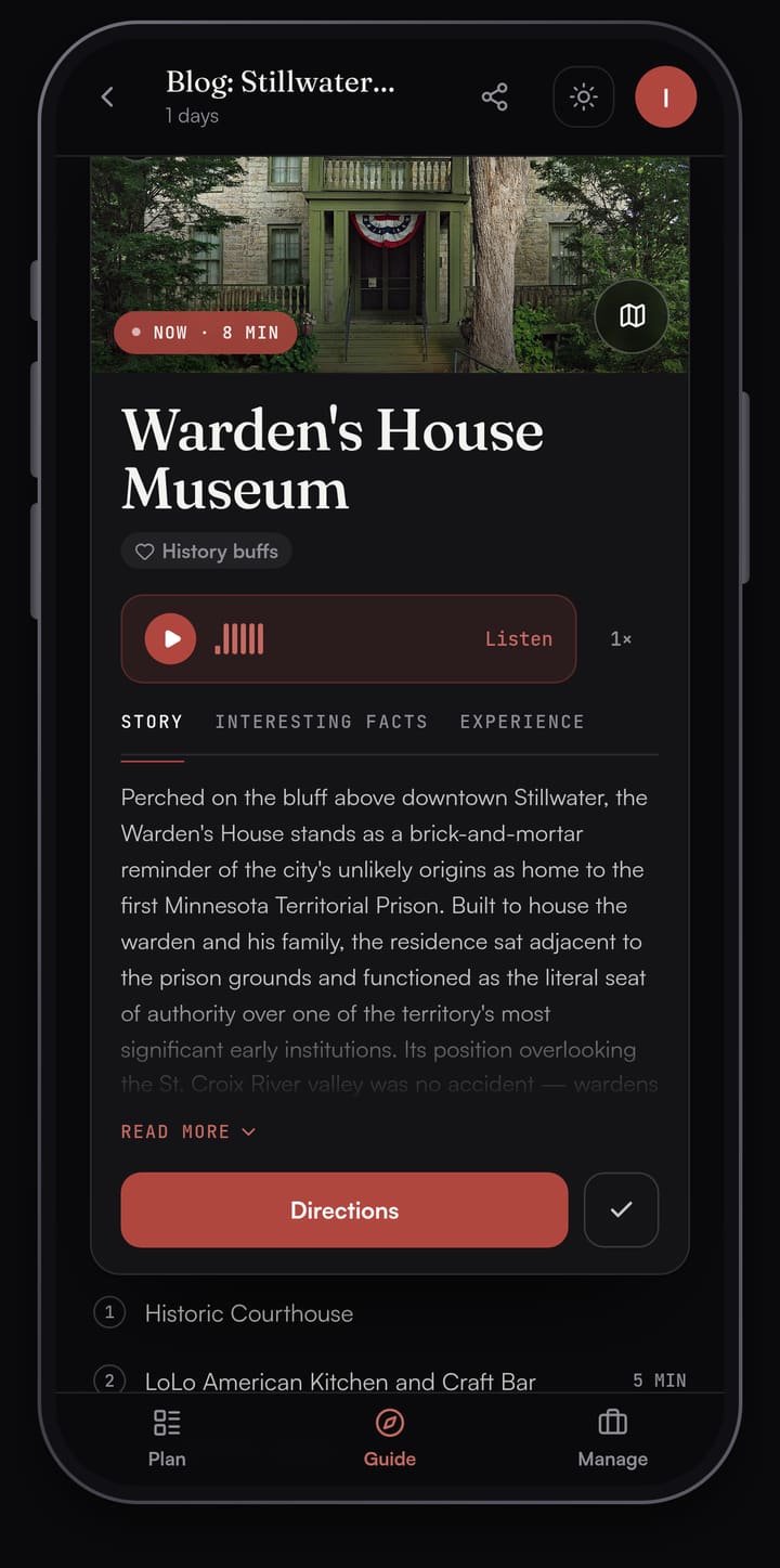 Passage AI Guide card for the Warden's House Museum in Stillwater, with the Story tab, a Listen button and Directions
