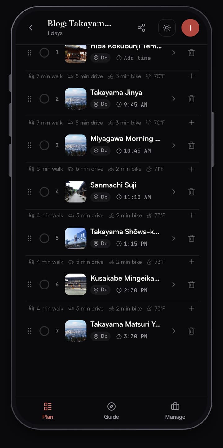 Passage AI Plan list for the Takayama day: Hida Kokubunji Temple, Takayama Jinya at 9:45, Miyagawa Morning Market at 10:45, Sanmachi Suji at 11:15, Takayama Showa-kan Museum at 1:15 PM, Kusakabe at 2:30 PM and the Yatai Kaikan at 3:30 PM, with 4 to 7 minute walks between them