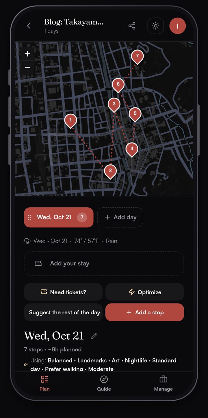 Passage AI Plan screen for Takayama on Wednesday 21 October: a dark map of the town with seven numbered red pins linked by dotted walking lines, above the Need tickets?, Optimize and Add a stop buttons