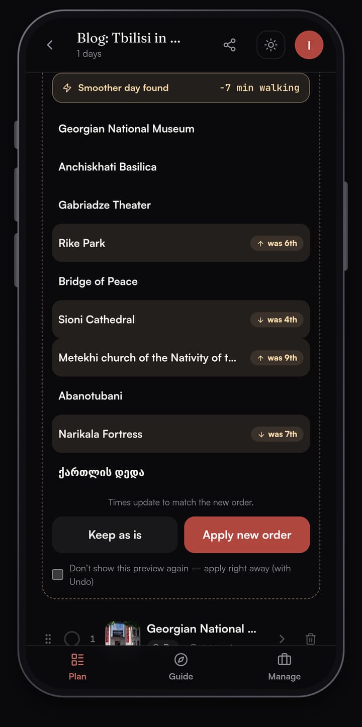 Passage AI Optimize preview reading Smoother day found, minus 7 min walking, listing the new order of ten Tbilisi stops with was 6th, was 4th, was 9th and was 7th badges and buttons for Keep as is and Apply new order