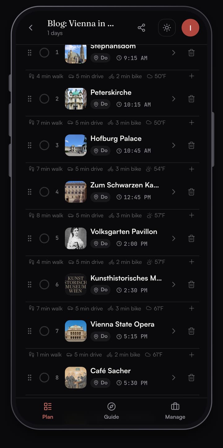 Passage AI day list for Vienna: Stephansdom at 9:15 AM, Peterskirche at 10:15 AM, Hofburg Palace at 10:45 AM, Zum Schwarzen Kameel at 12:45 PM, Volksgarten Pavillon at 2:00 PM, Kunsthistorisches Museum at 2:30 PM, Vienna State Opera at 5:15 PM and Café Sacher at 5:30 PM, with walk minutes between stops