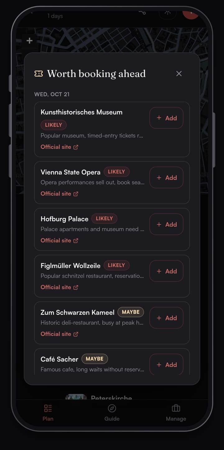 Passage AI Need tickets? sheet titled Worth booking ahead for Wed, Oct 21, listing Kunsthistorisches Museum, Vienna State Opera, Hofburg Palace and Figlmüller Wollzeile as likely and Zum Schwarzen Kameel and Café Sacher as maybe, each with an Official site link and an Add button