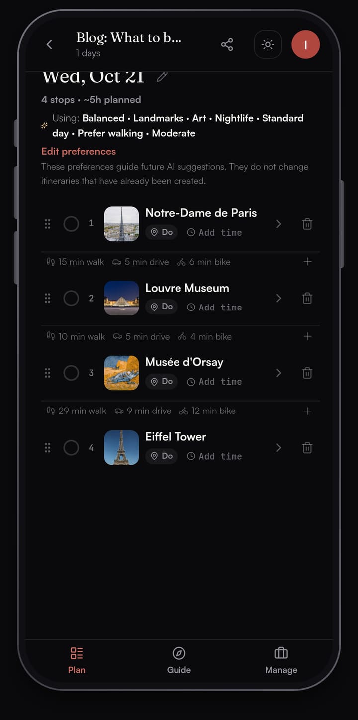 Passage AI day list with four stops, Notre-Dame de Paris, Louvre Museum, Musée d'Orsay and Eiffel Tower, with walk, drive and bike times between each