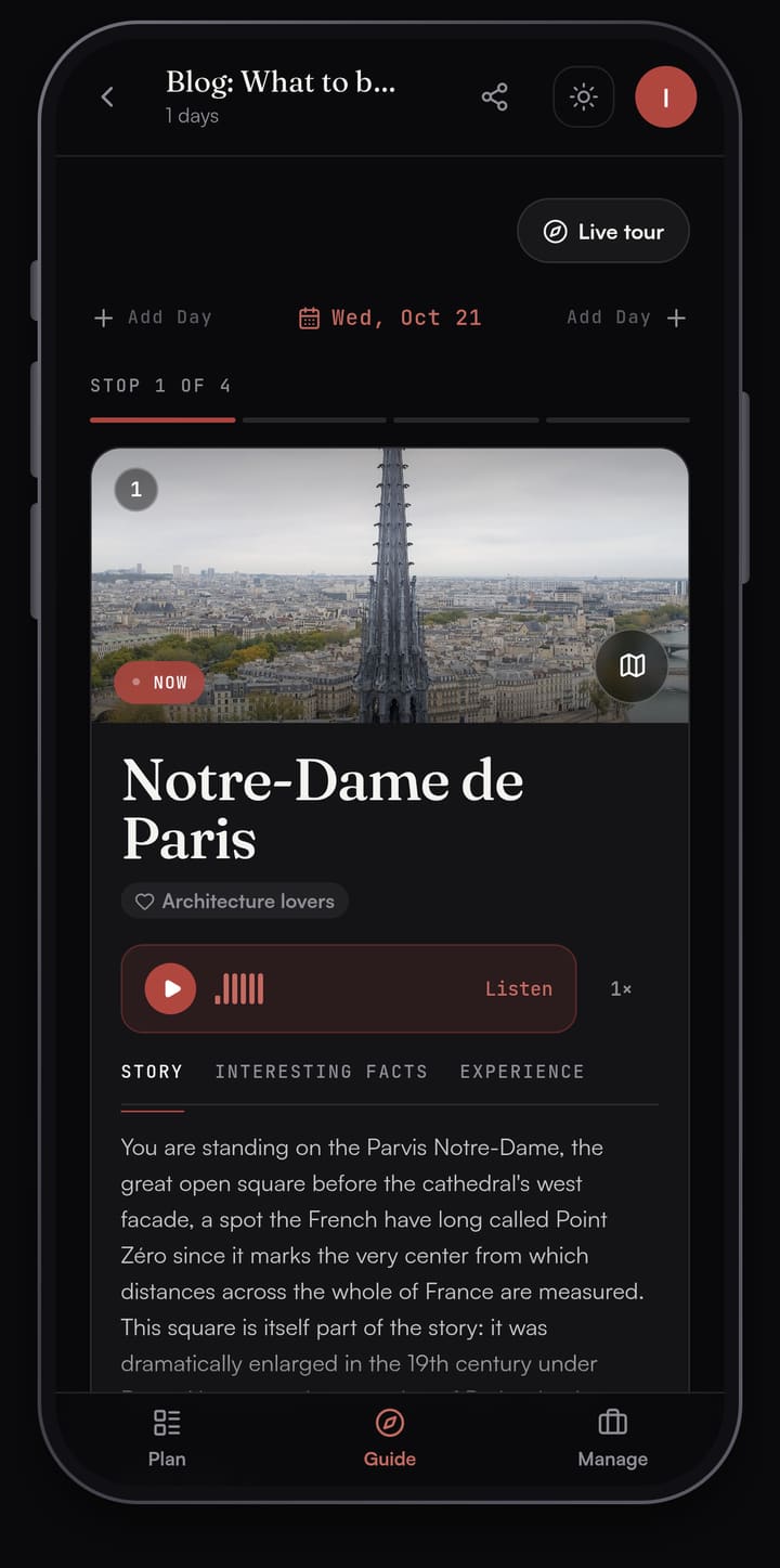 Passage AI Guide card for Notre-Dame de Paris with a photo of the spire over the rooftops, a Listen button and the start of the story about Point Zéro on the cathedral square