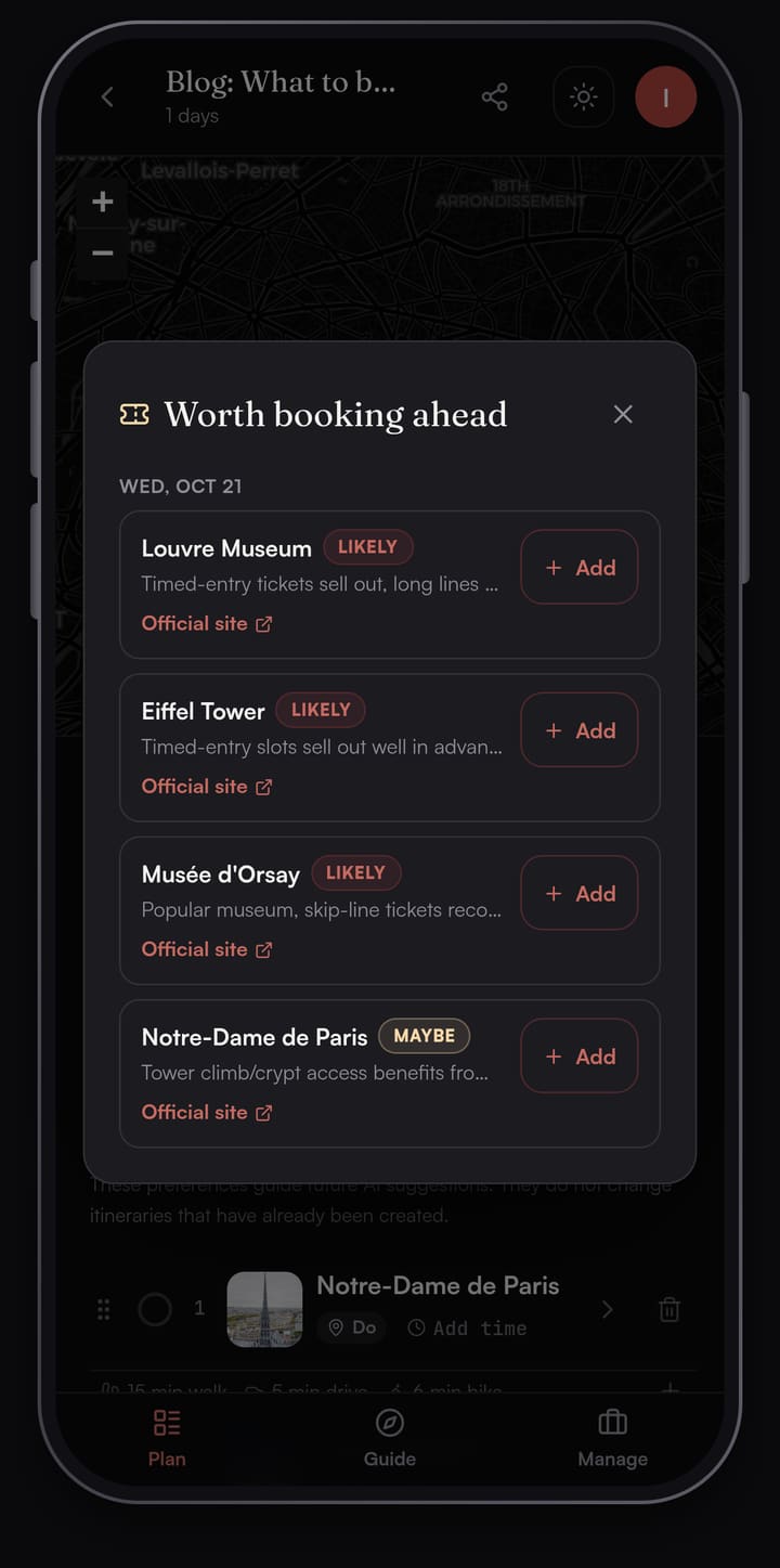 Passage AI Worth booking ahead sheet listing the Louvre Museum, Eiffel Tower and Musée d'Orsay as likely and Notre-Dame de Paris as maybe, each with a reason and an Official site link
