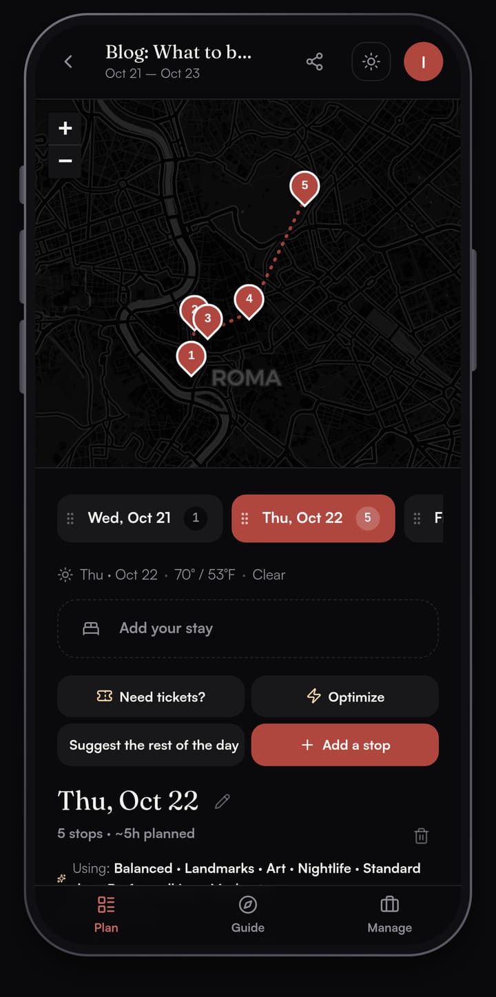 Passage AI plan screen for Thursday 22 October in Rome: a dark map with five numbered pins from the Pantheon area up to the Galleria Borghese, above the day tabs and the Need tickets? and Optimize buttons