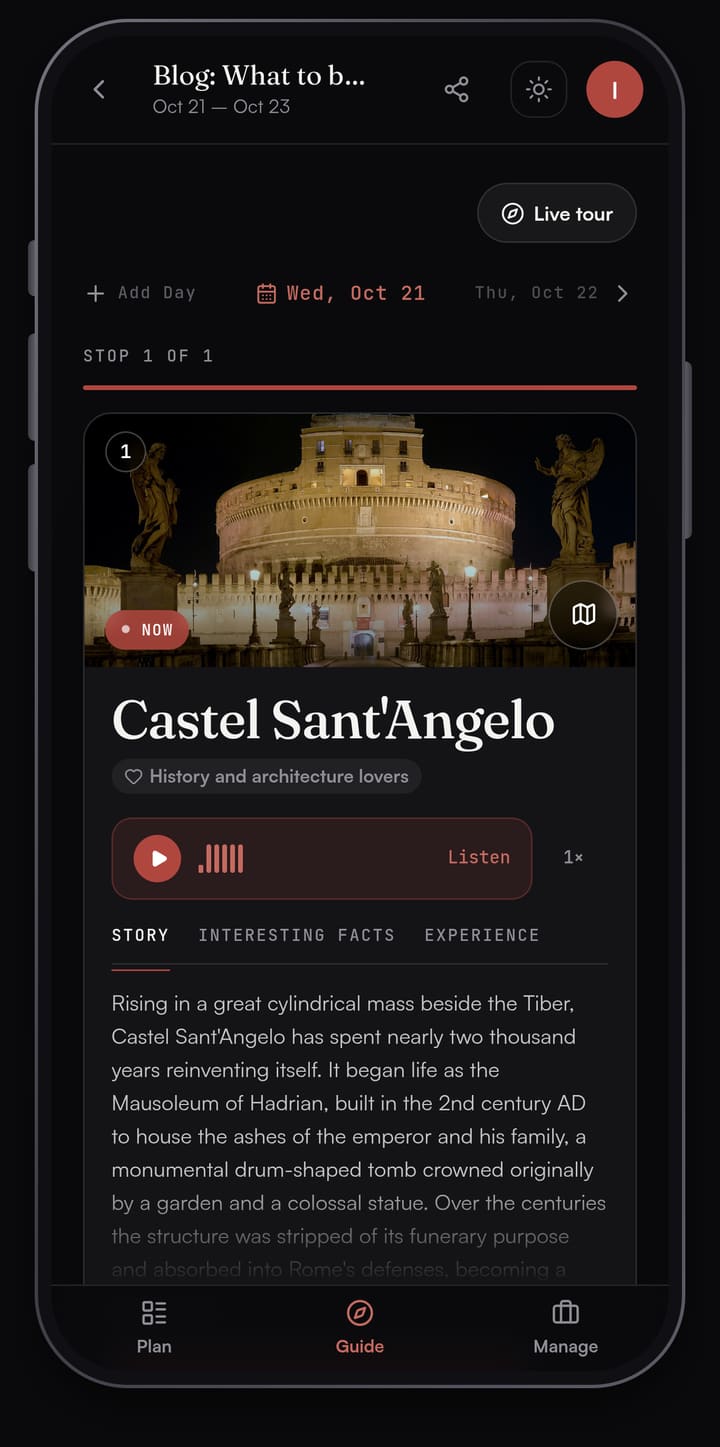 Passage AI Guide card for Castel Sant'Angelo: a night photo of the castle, a Listen button and the start of the story about the Mausoleum of Hadrian