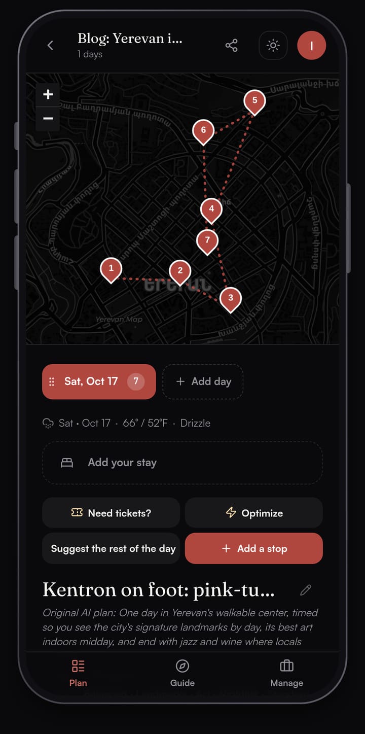 Passage AI Plan tab for a Saturday in Yerevan: a dark map of central Yerevan with seven numbered stops joined by dotted route lines, above the Need tickets?, Optimize and Add a stop buttons