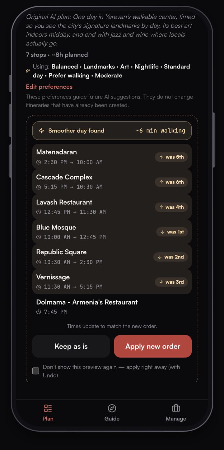 Passage AI Optimize preview for a Yerevan day: a Smoother day found banner with minus 6 min walking and each stop marked with its old position, above Keep as is and Apply new order